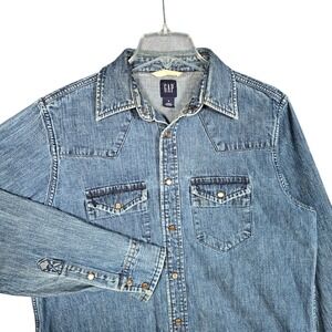 Vintage Gap Denim Shirt Mens Small Western‎ Y2K Pearl Snap Buttons Blue Rancher